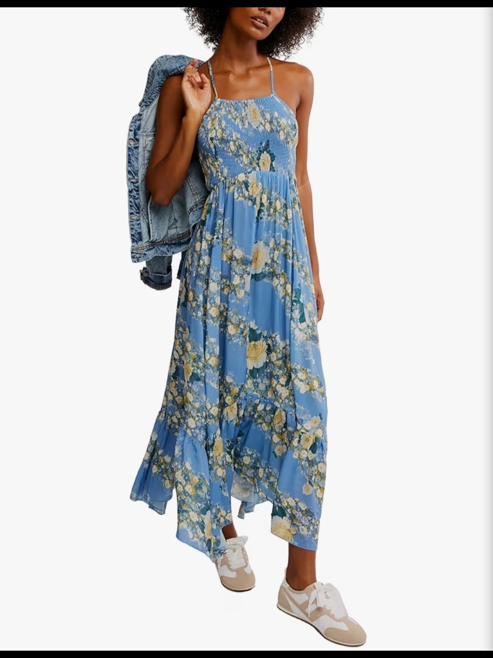 Free People Heat Wave Maxi Dress Allure Blue Combo Floral Smocked Boho Midi Sz.M - Picture 3 of 16